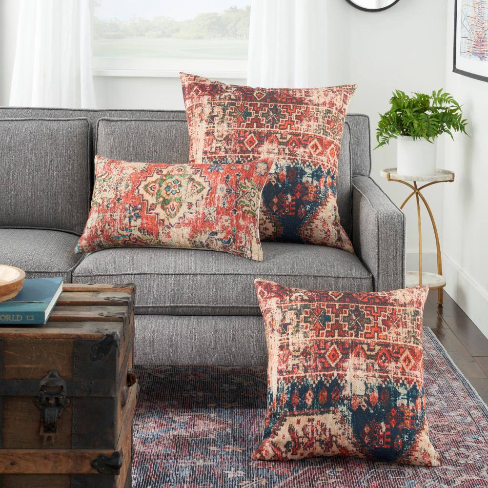 Nicole Curtis Red and Blue Cotton Boho Throw Pillow 20" x 20"
