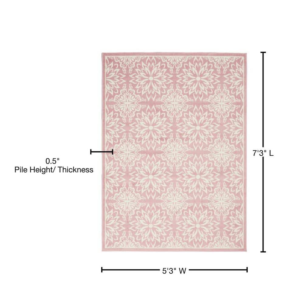 Ivory and Pink Floral Synthetic 5' x 7' Area Rug