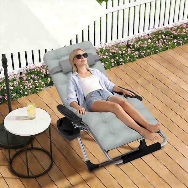 Zero Gravity Lounge Chair-Foldable Alloy Steel Recliner with Adjustable Headrest with Gray Cushion for Patio, Lawn
