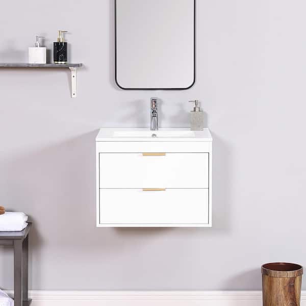 JimsMaison 24 in. W x 18 in. D x 19 in. H Single Sink Wall-Mounted Bath Vanity in White with White Ceramic Top