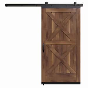 36 in. x 80 in. Karona Crossbuck Clear Stained Rustic Walnut Wood Sliding Barn Door with Hardware Kit