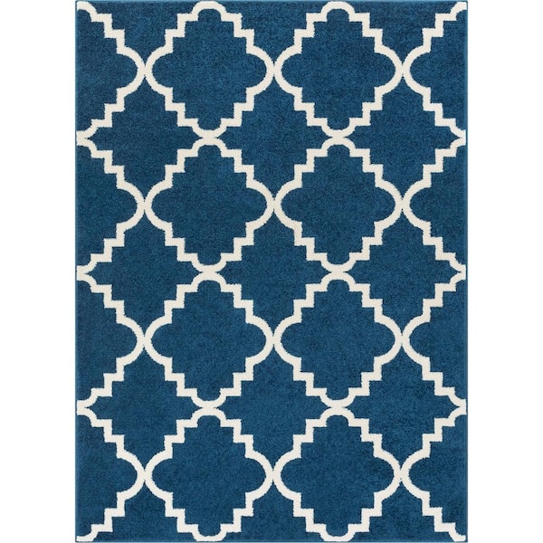 60x90cm (2'x3')) Cotton Rugs Washable Navy Blue Trellis XL Large