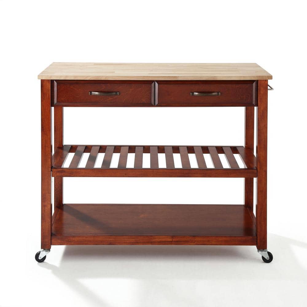 Natural Wood Top Mobile Kitchen Cart with Storage and Wine Rack