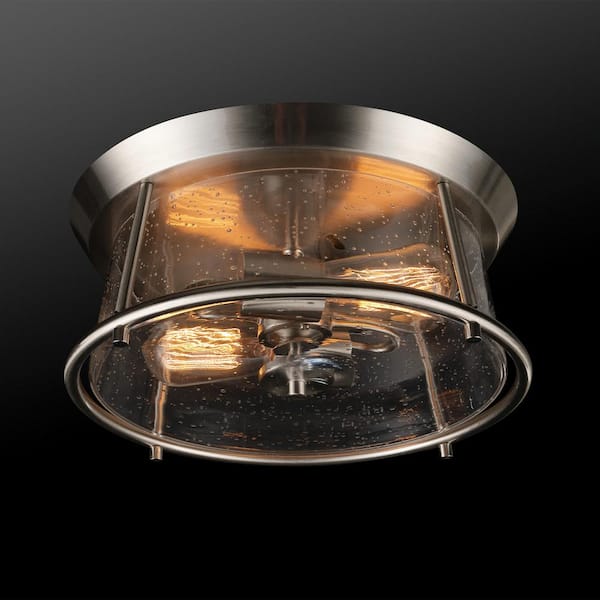 Donny 12.75 in. 2-Light Brushed Nickel Flush Mount with Seeded Glass Shade, Vintage Incandescent Bulb Included