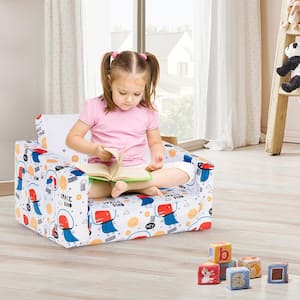 2-in-1 Convertible White&Red&Blue Kids Sofa Flip Open Couch w/Sturdy Sponge Construction&Velvet Fabric