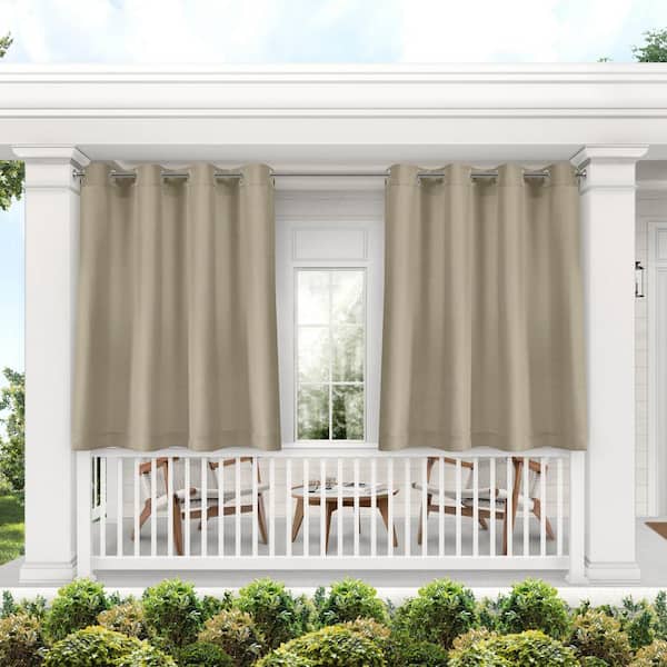 EXCLUSIVE HOME Cabana Taupe Solid Polyester 54 in. x 132 in. Grommet Top Light Filtering Curtain Panel (Set of 2)