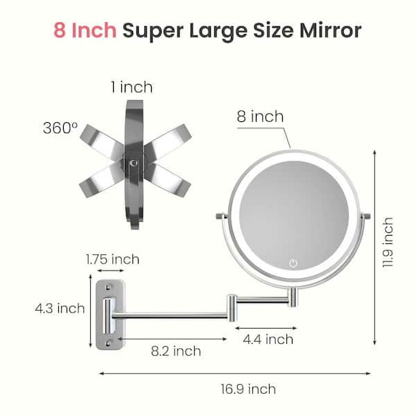 8 in. W x 8 in. H Round LED Vanity Mirror with 3-Color Wall Mounted Bathroom Makeup Mirror 1X/7X Magnification in Chrome