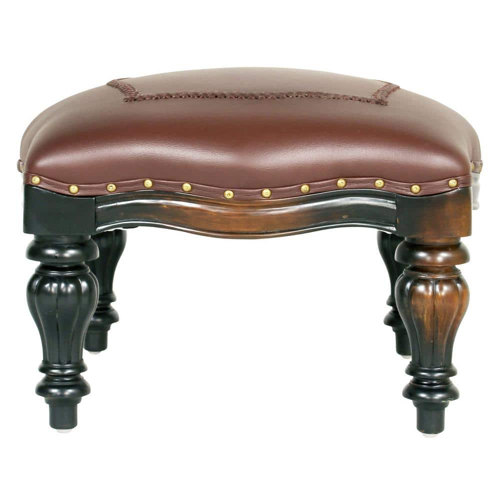 Victorian Rococo 20" Mahogany Leather Accent Ottoman