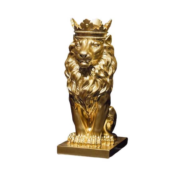 15 Inch Resin Lion Statue-Outdoor Collectible Figurine Gold Crown Gold Standing Lion Home Decor for Desk & Home