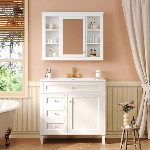Unbranded 36 in. W x 18 in. D x 33 in. H Single Sink Freestanding Bath Vanity in White with White Cultured Marble Top and Mirror