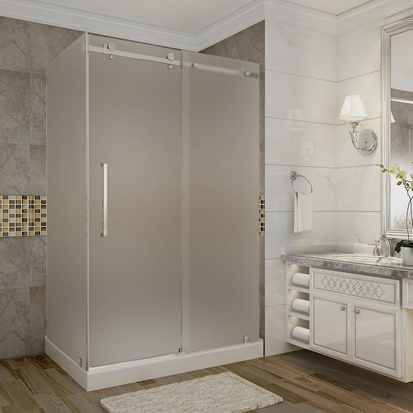Aston Moselle 48 in. x 35 in. x 77.5 in. Frameless Sliding Shower Enclosure and Frosted in Stainless Steel with Right Base