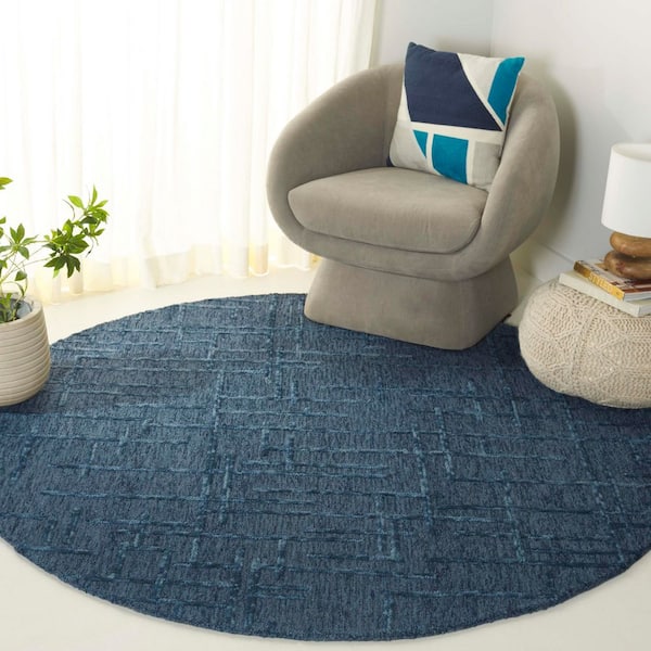 Ebony 6 ft. x 6 ft. Navy High-Low Distressed Solid Round Area Rug