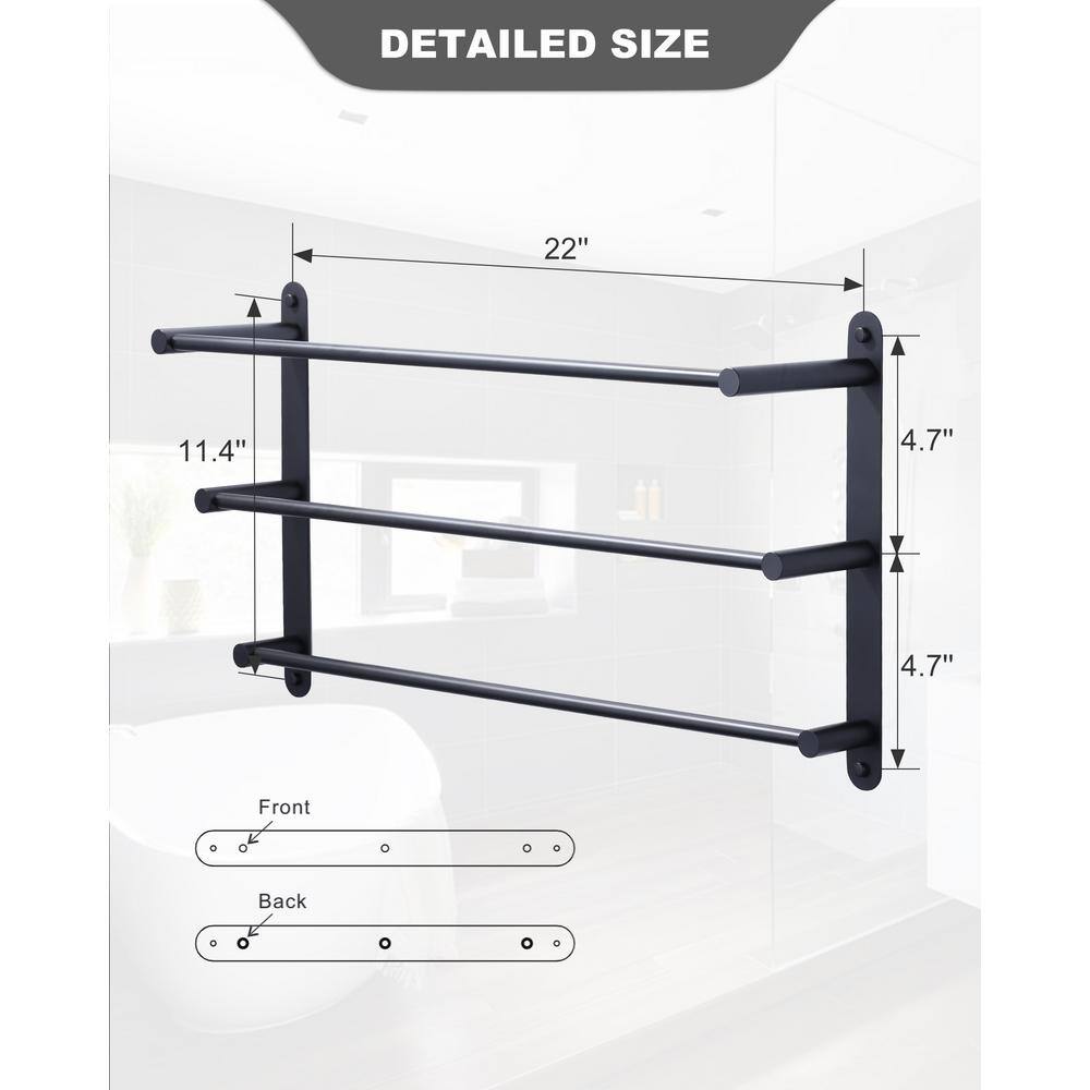 24 Inch Matte Black Stainless Steel 3-Tier Wall Mounted Towel Rack
