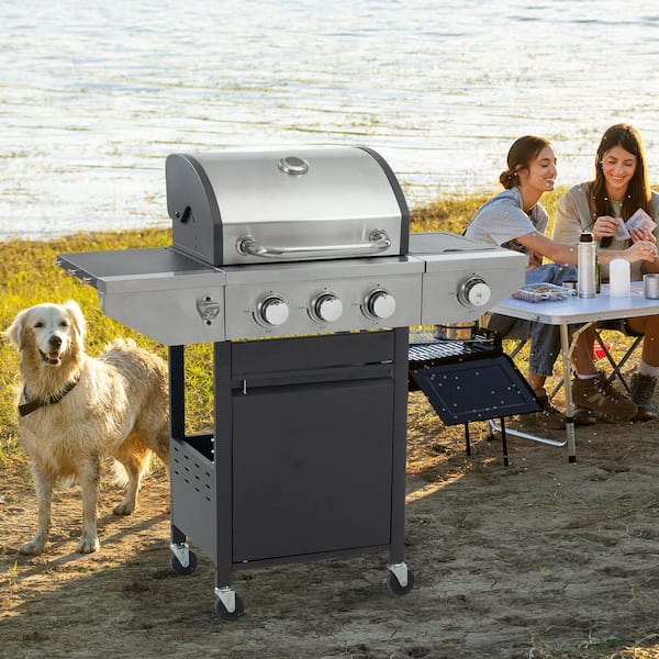AUTMOON 3-Burner Portable Propane Grill Stainless Steel Gas Grill in Gray with Side Burner and Thermometer