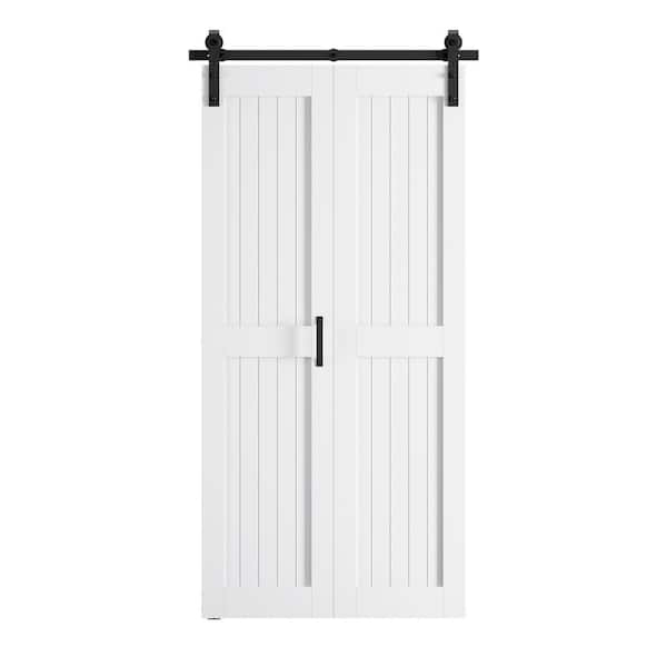 SOCBAZZAR 32 in. x 84 in. 2-Plank Prefinished White MDF Bi-Fold Sliding Barn Door with Hardware Kit