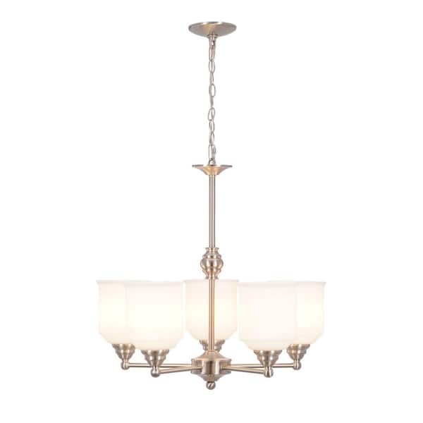 Cresswell 5-Light Brushed Nickel Contemporary Chandelier Pendant Light with Opal Glass Shades