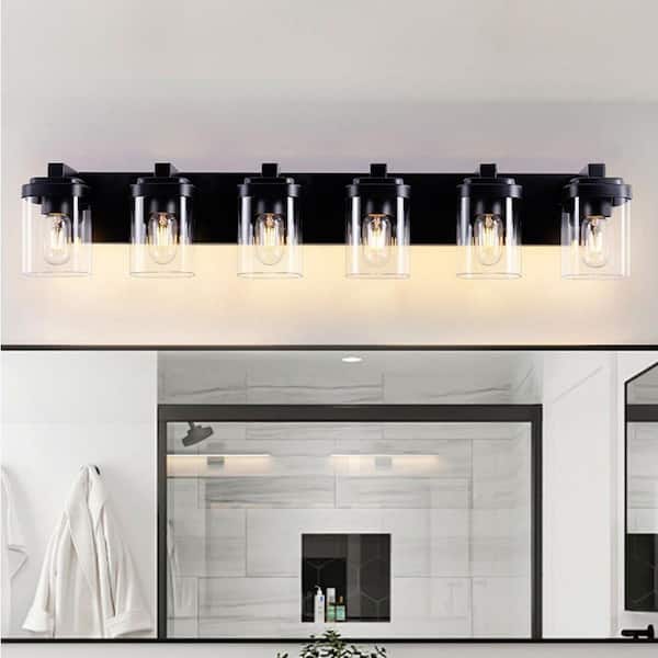 38 in. 6-Light Matte Black Modern Bathroom Vanity Light Fixture, Wall Sconces with Glass Shades(Bulbs Not Included)