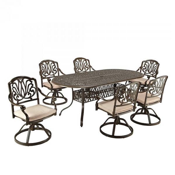 HOMESTYLES Capri Taupe Tan 7-Piece Cast Aluminum Oval Outdoor Dining Set with Natural Tan Cushions