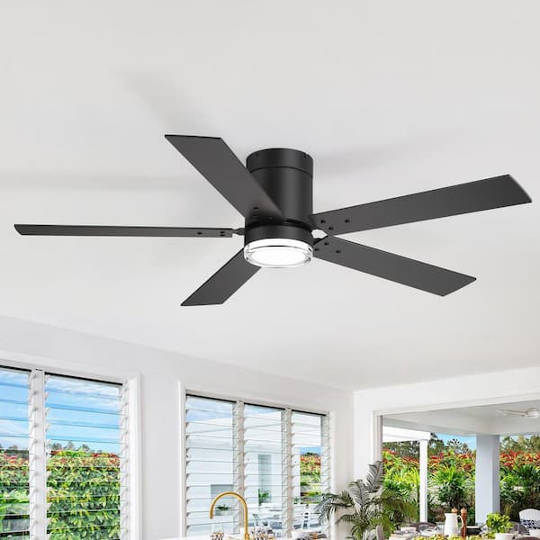 Propeller 52 in. Indoor Standard Black Flush Ceiling Fan with Integrated LED Light, 5-Black Blades and Remote Included