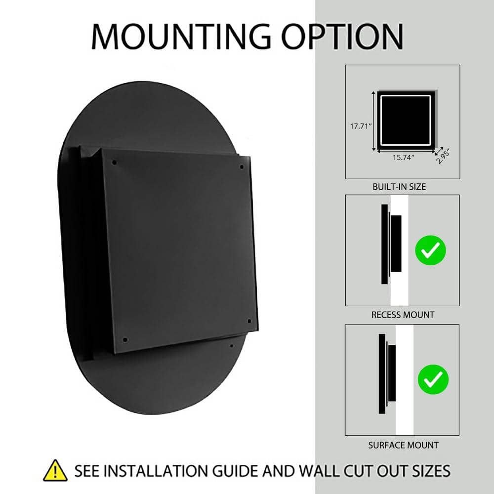 20x34 Inch Oval Matte Black Metal Recessed Medicine Cabinet with Mirror