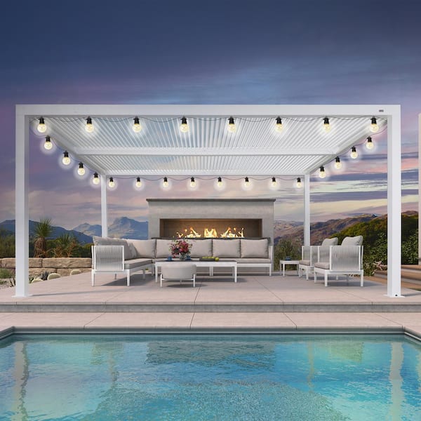 12 ft. x 16 ft. White Aluminum Frame Outdoor Louvered Pergola with Adjustable Sunshade Roof and Solar String Lights