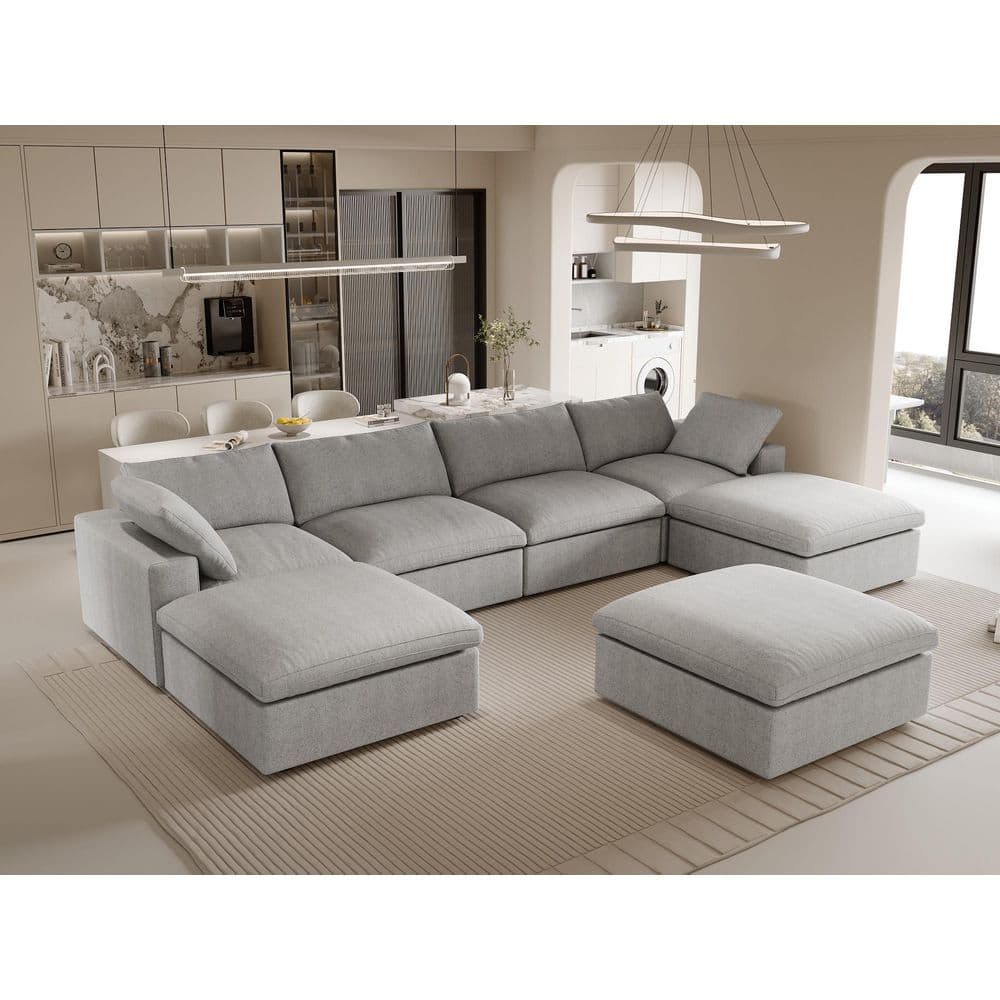 157.3 in. Square Arm 6-Piece Oversized Linen Free Combination Modular Sectional Sofa with Removable Covers in Gray