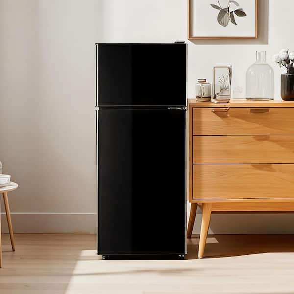 3.8 cu. ft. Mini Refrigerator Double Doors Fridges with Freezer in Black 7-Level Temp Adjustable, Removable Glass Shelf