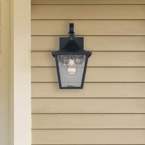 Rasmussen 1-Light Black Small Outdoor Wall Light Fixture with Seeded Glass