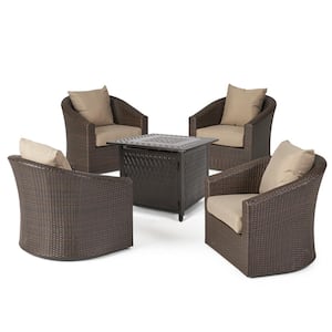 Zahir Mixed Brown 5-Piece 4 Seater Wicker Outdoor Swivel Chair and Fire Pit Set with Mixed Khaki Cushion