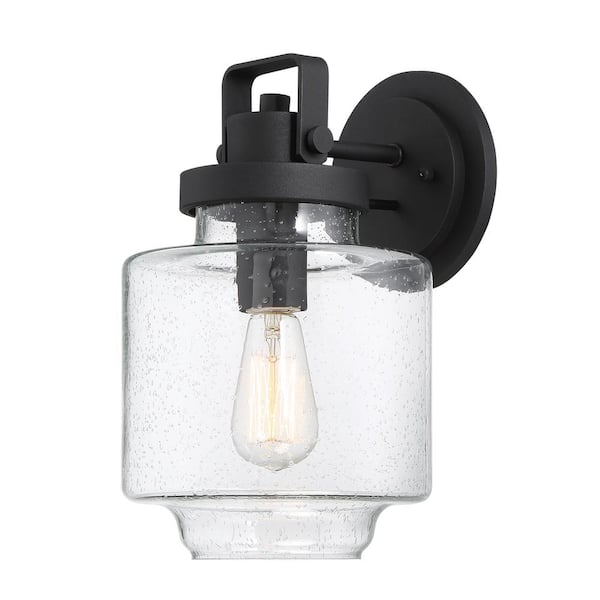 Minka Lavery Rosecrans Large 1-Light Sand Black Outdoor Light Sconce with Clear Seeded Glass Shade