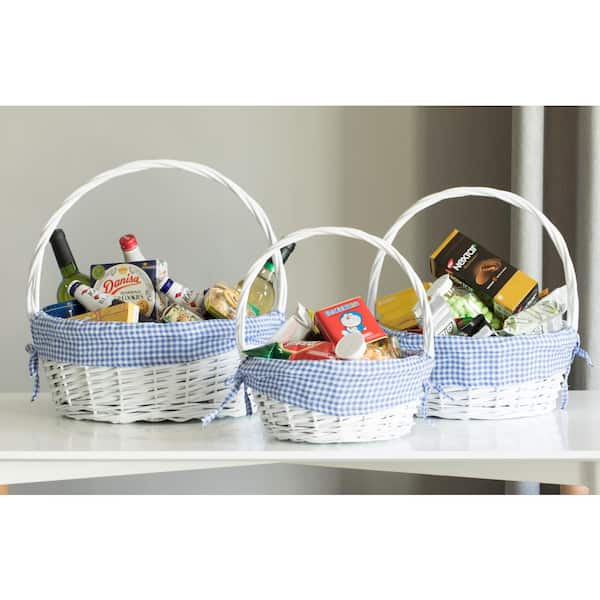Vintiquewise White Round Willow Gift Basket with Blue Gingham Liner and Handle (Set of 3)