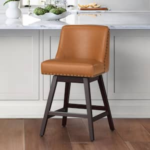 26 in. Wood 360° Free Swivel Upholstered Bar Stool with Back, Performance Fabric in PU Brown