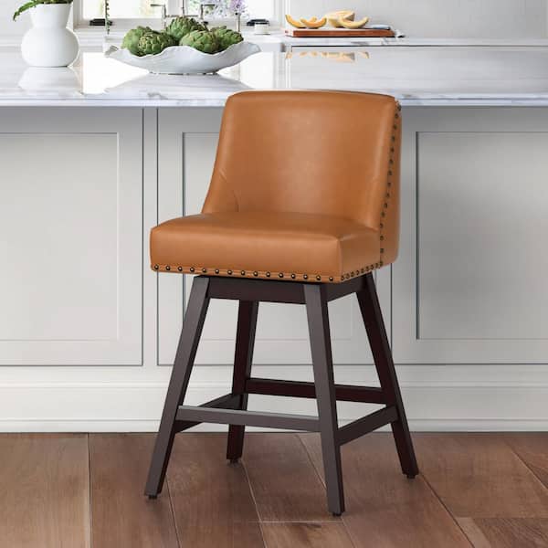 OrangeOne 26 in. Wood 360° Free Swivel Upholstered Bar Stool with Back, Performance Fabric in PU Brown