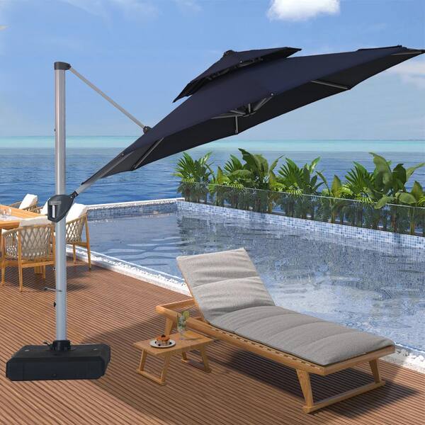 angled patio umbrellas Amucolo 11 ft. Aluminum Double Tier Canopy Cantilever Patio Umbrella in Navy Blue with 360° Rotation, Adjustable Angle and Cover