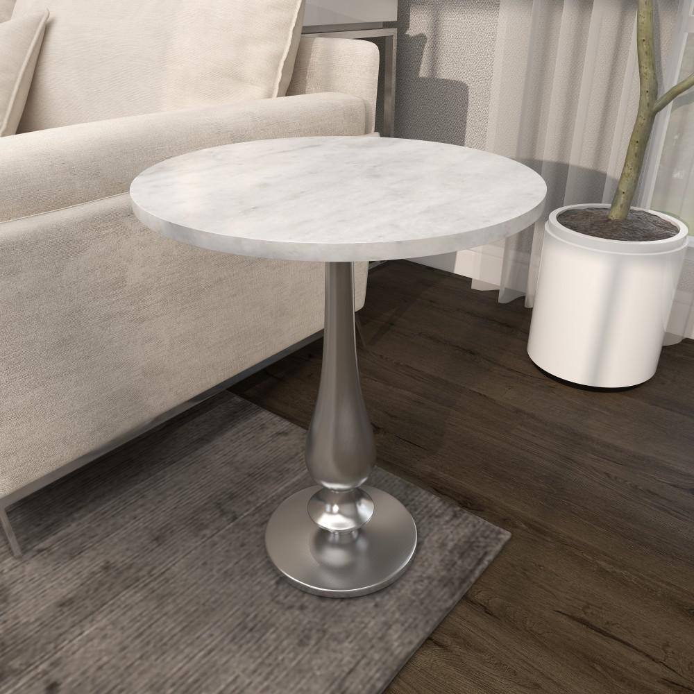 White Marble and Silver Aluminum Round Accent Table