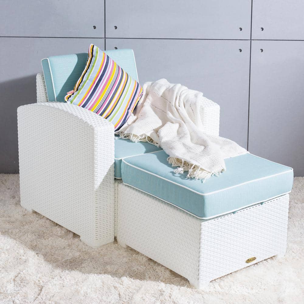 Magnolia White Rattan Ottoman with Blue Cushion