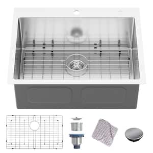 28 in. Drop-in Single Bowl 16-Gauge Stainless Steel Kitchen Sink with Bottom Grid and Strainer Basket