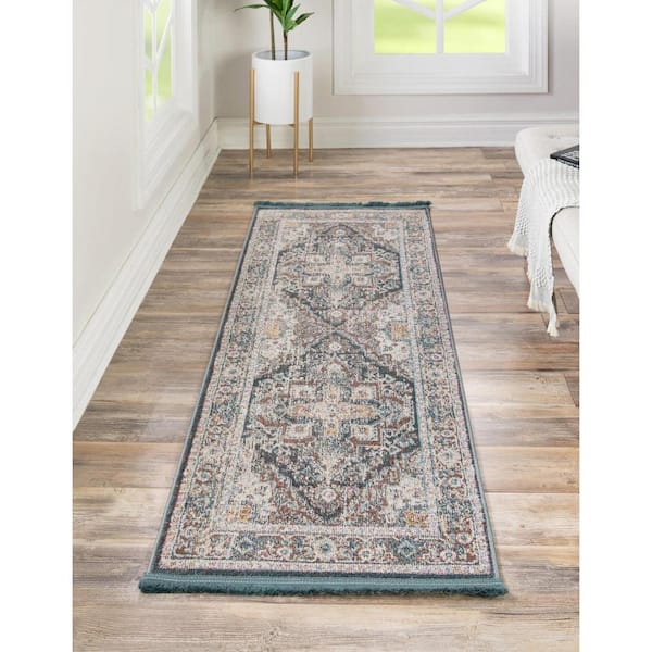 Blue 2' x 7' 10 Washable Nostalgia Runner Rug