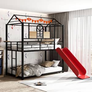 Red Twin over Twin Metal House Bunk Bed with Side Shelf, Ladder and Slide
