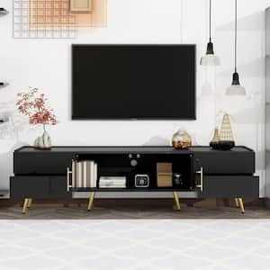 Modern Black TV Stand Fits TV's Up to 80 in. with LED lights, 4 Drawers and 1 Cabinet with Brown Glass Door