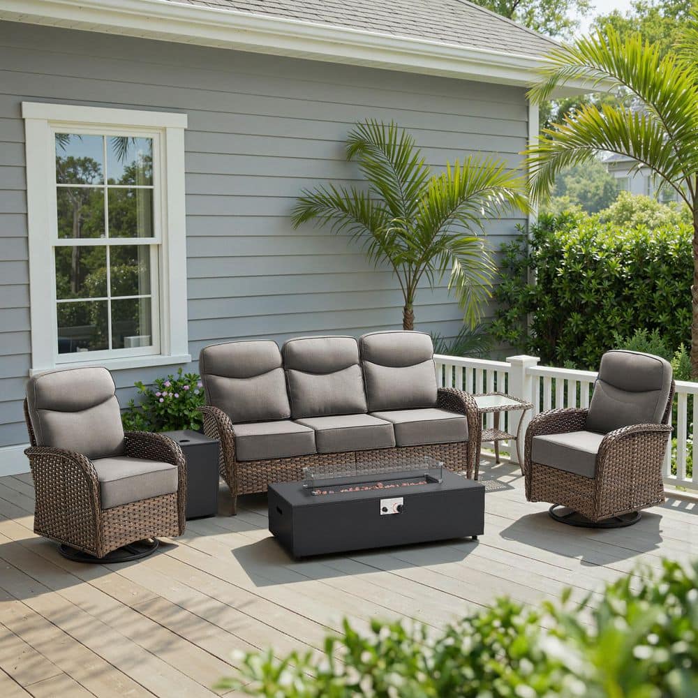 Luna Brown 5-Piece Wicker Outdoor Patio Fire Pit Seating Set with 6-Inch Olefin Gray Cushions price history on PriceWatchPro