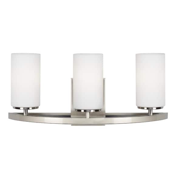 Visalia 20.25 in. W 3-Light Brushed Nickel Bathroom Vanity Light with White Etched Glass Shades Visalia 20.25 in. W 3-Light Brushed Nickel Bathroom Vanity Light with White Etched Glass Shades