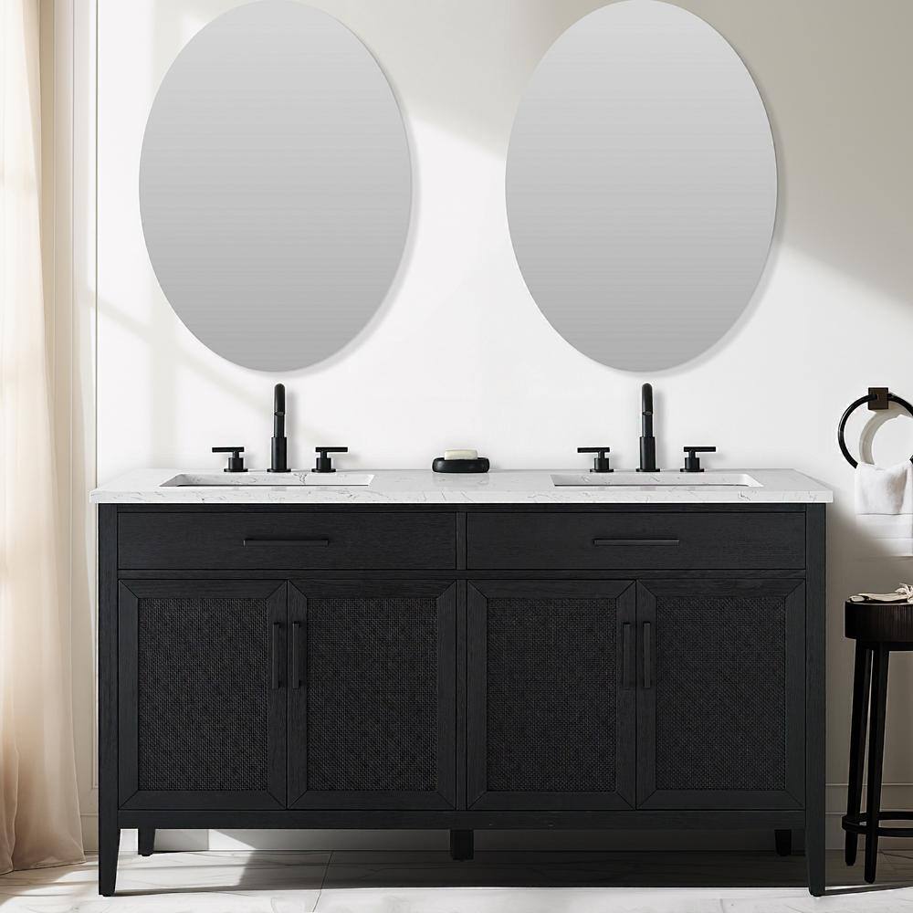 Cove 54 in. W Bath Vanity in Black Oak with Engineered Stone Top in Carrara White with White Sinks price history on PriceWatchPro