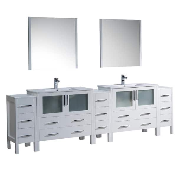 Torino 108 in. Double Vanity in White with Ceramic Vanity Top in White with White Basins and Mirrors