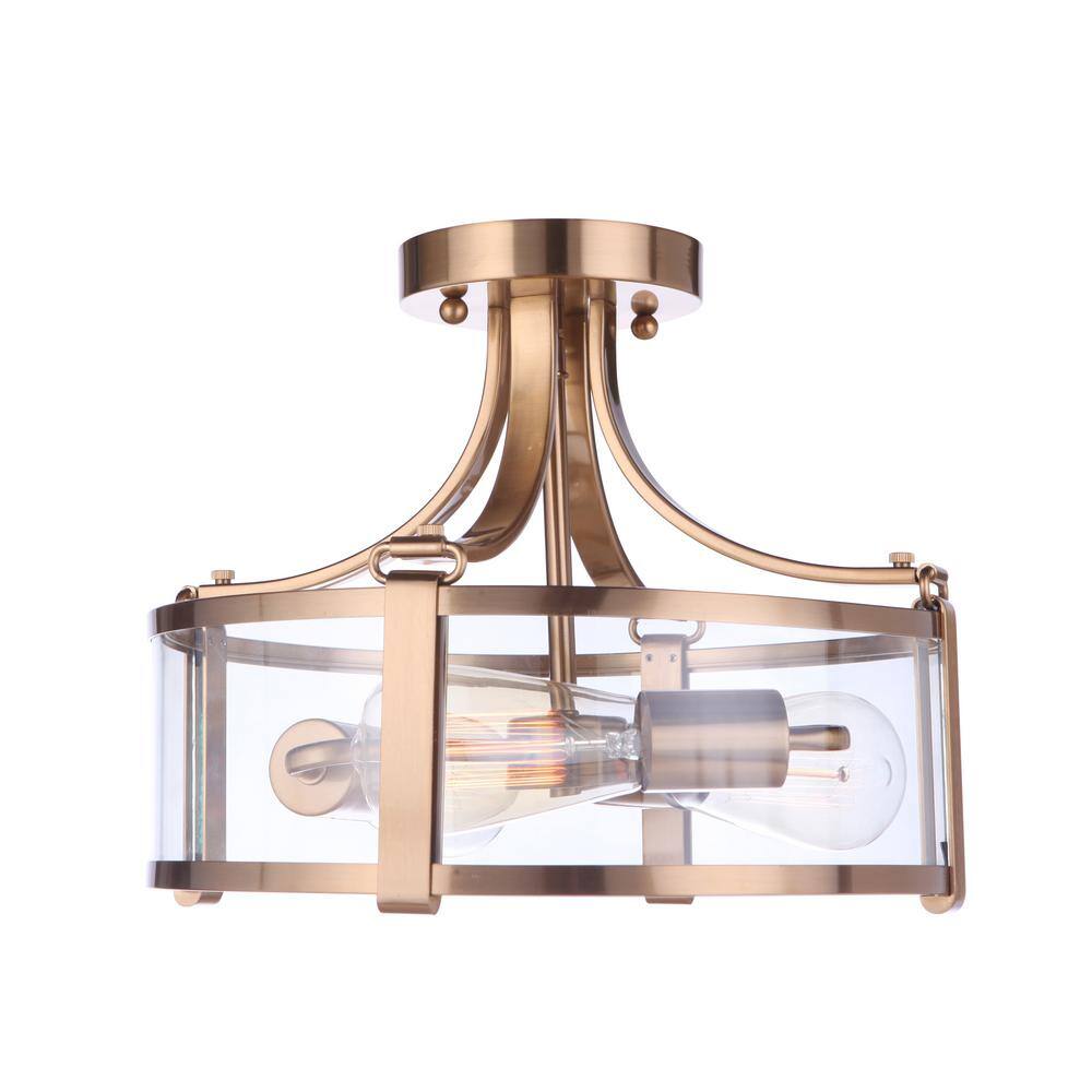 Satin Brass and Clear Glass Drum Semi-Flush Mount Light