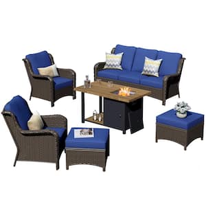 Joyo Ung Brown 6-Piece Wicker Outdoor Patio Fire Pit Table Conversation Seating Set with Navy Blue Cushions