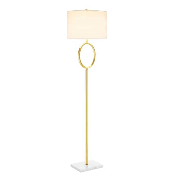 KAWOTI 61 in. Antique Brass Marble Standard Floor Lamp with White Linen Shade