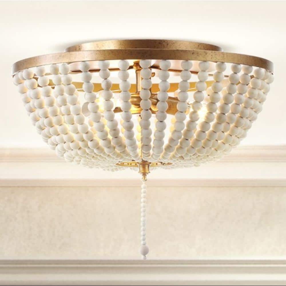 JONATHAN Y Allison 15 in. Wood Beaded/Metal LED Flush Mount, Antique Gold  Cream JYL9019A The Home Depot