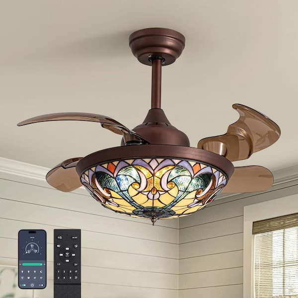 36 in. Indoor Downrod Mount Coffee Tiffany Glass Retractable Ceiling Fan Fandelier with Integrated LED and Remote/APP