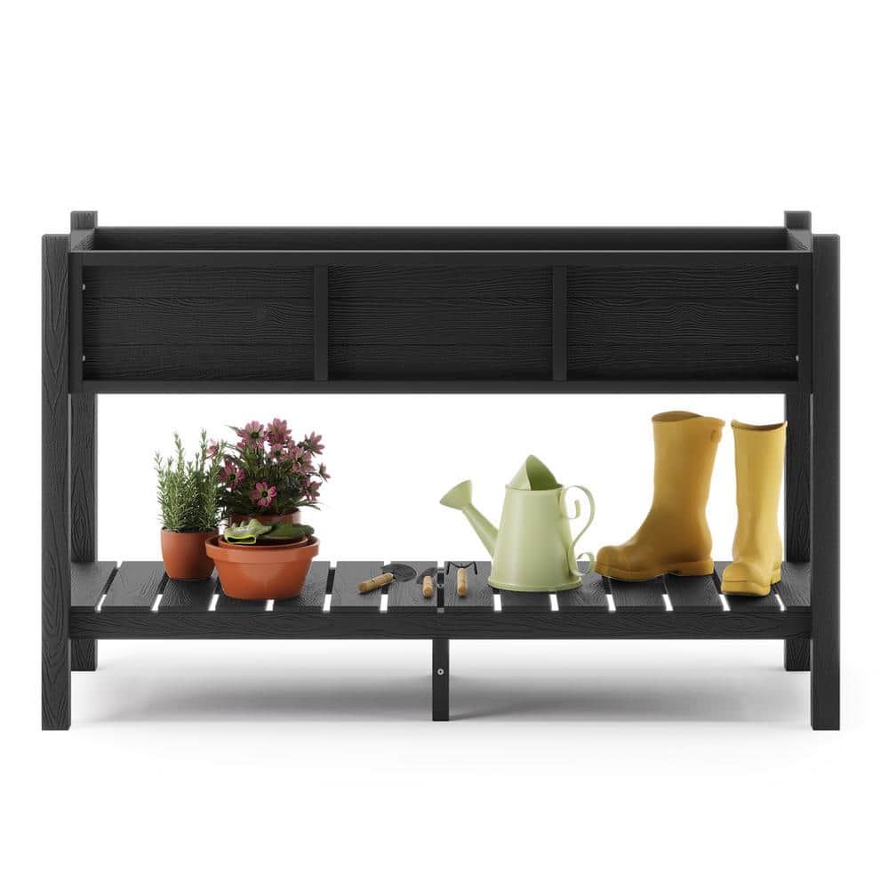 Black Elevated Poly Raised Garden Bed with Storage Shelf